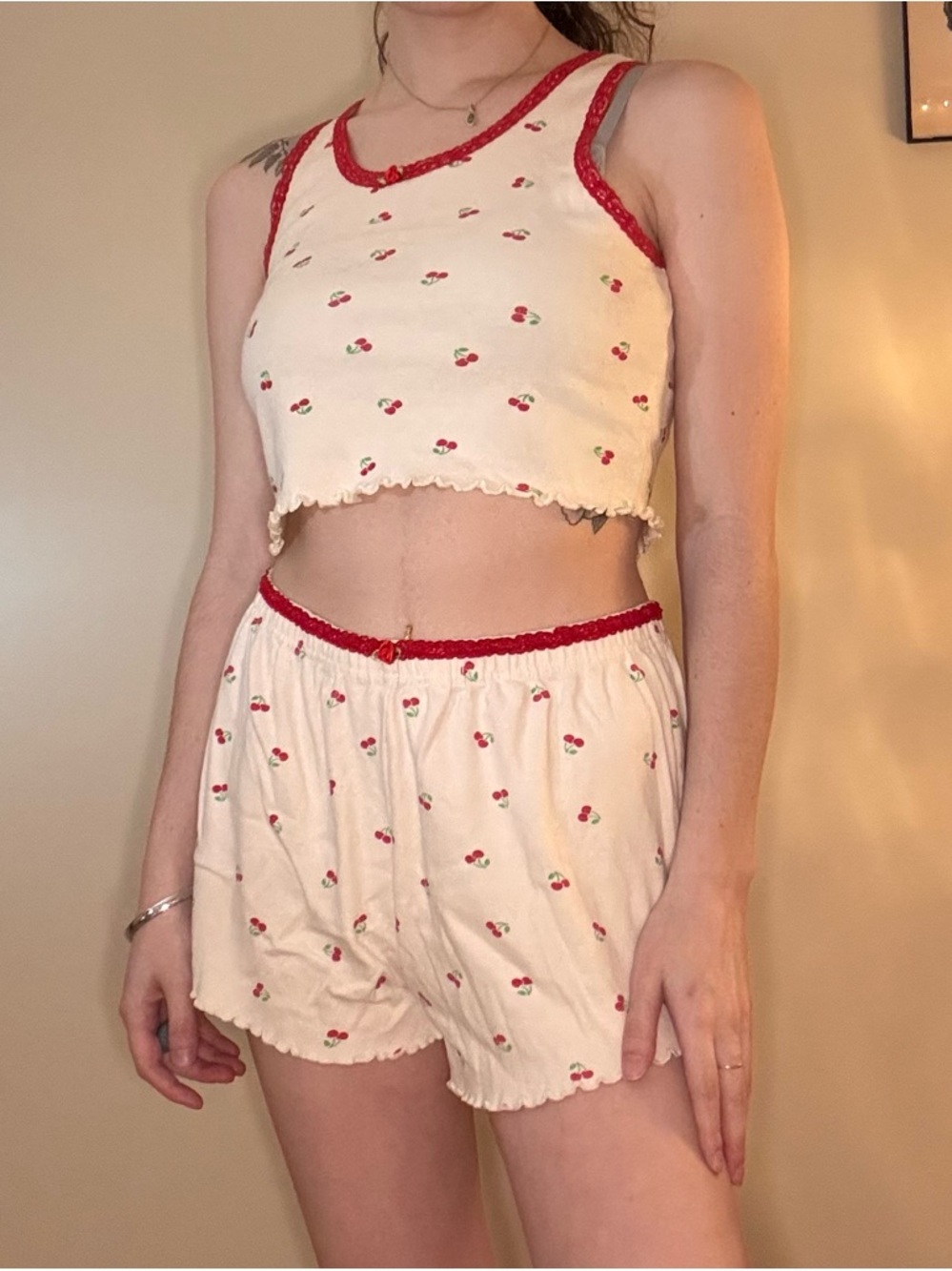 Women’s Cotton Cream Cherry-Print Crop Tank & Shorts Sleep Set